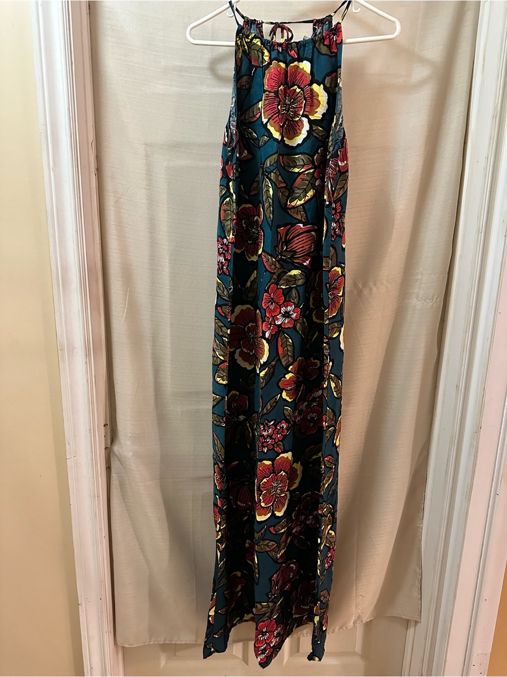 LOFT XS Linen Rayon Floral Halter Maxi Dress Teal Sleeveless Summer Dress